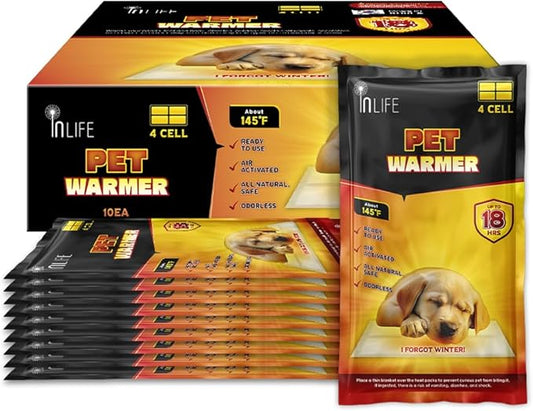 InLife Super Warmer for Pets, All Natural & Safe, Bigger & Wider Area Covered, Higher Heating 145°F, Air Activated, Easy & Comfort, Steady Longer Lasting, Odorless, 10 Packs