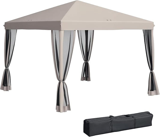 Outsunny 10' x 10' Pop Up Canopy Tent with Netting, Instant Gazebo, Screen House Room with Carry Bag, Height Adjustable, for Outdoor, Garden, Patio, Camping, Beige