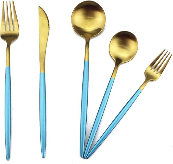 Gugrida Blue Gold Flatware, Royal 20 Piece Matte Blue Handle 18/10 Stainless Steel Tableware Sets for 4 Including Forks Spoons Knives, Camping Silverware Travel Utensils Set Cutlery (Blue Gold)