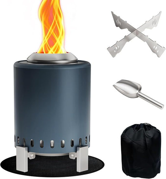 Mini Smokeless Tabletop Fire Pit with Pan Stand, Portable Stainless Steel Firepit Stove for Camping, Burns Pellets or Wood, Includes Travel Bag, Blue
