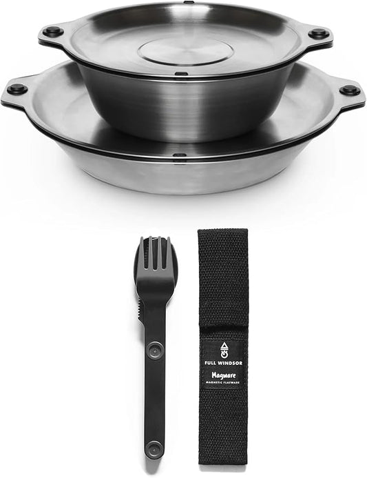 FULL WiNDSOR - MAGWARE -Magnetic Bowls and Plates (4PCS) & Magnetic Cutlery Set (3PCS), Portable Knife, Fork & Spoon with Case, Reusable Travel Dinnerware, Outdoor Utensil for Camping, and Backpacking
