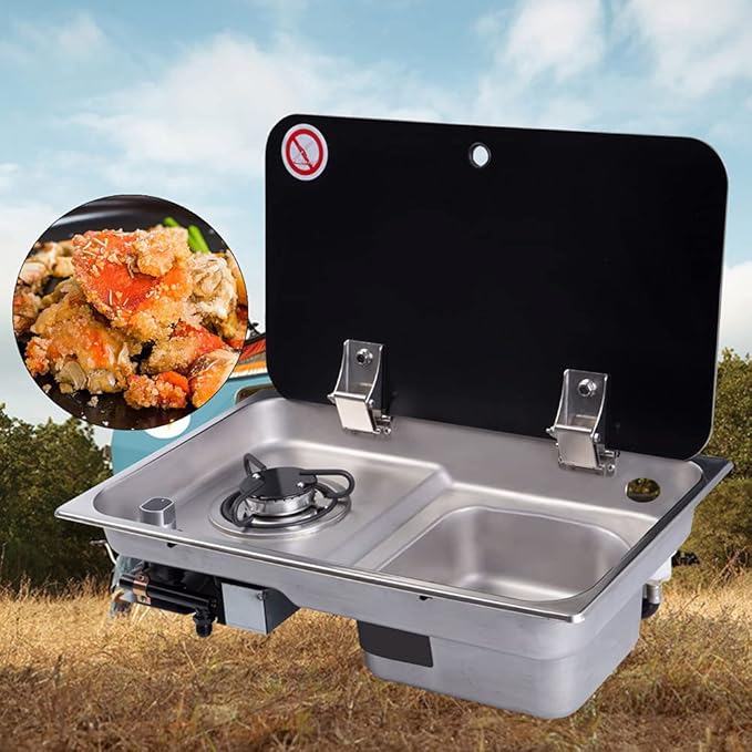 Gas Camping Stove,2 Burners Boat Caravan RV Camper with Tempered Glass Panel, Boat Caravan Camper Burner Gas Stove Hob and Sink Combo