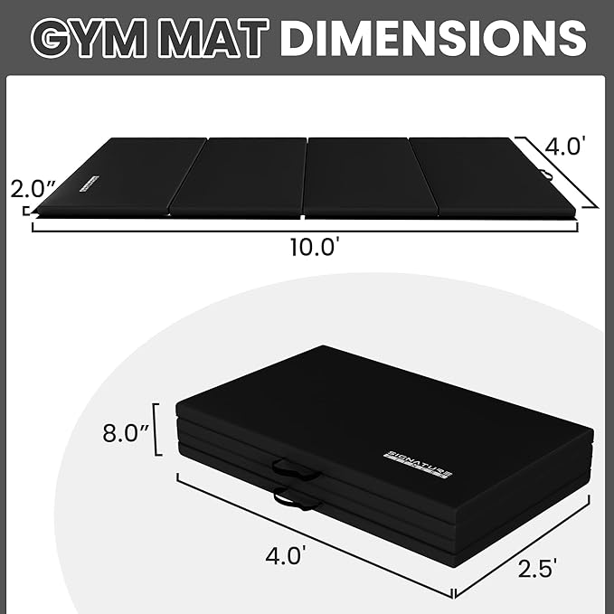 Folding Exercise Gymnastics Mat 10'x4'x2" Gym Workout Mat with Carrying Handles High-Density Anti-Tear Portable Fitness Aerobics Mats for Home Gym Yoga Pilates Tumbling MMA Core Training, Multiple Colors