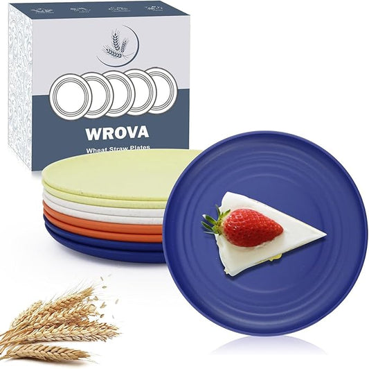 Appetizer Plates Set of 8-6 Inch Wheat Straw Dessert Plate - Unbreakable Snack Plates easy to clean - Small Plate for Kitchen. White-Yellow-Orange-Blue