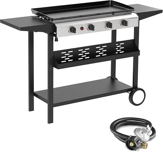 4 Burner Flat Top Grill, 30 Inch Stainless Steel Tabletop Portable Propane Griddle, 40,000 BTU BBQ Gas Griddle Flat Grill with Side Shelves for Camping