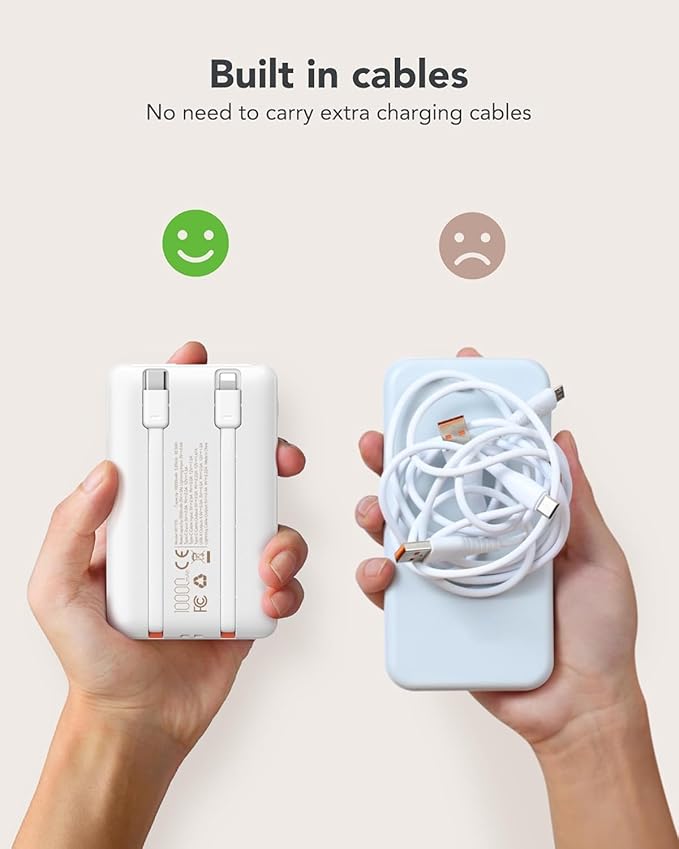 Mini Portable Charger with Built-in Cables 22.5W Fast Charging Power Bank USB-C Small Battery Pack 10000mAh Travel Essential Slim Battery for iPhone 17/16/15/14, Samsung 25/24, and More