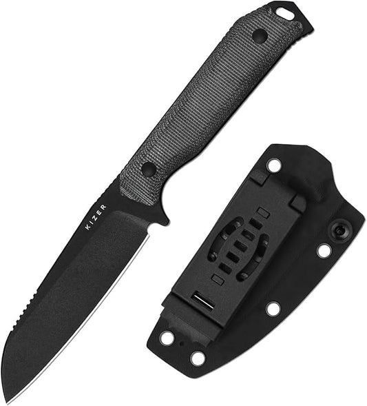 Kizer Begleiter Fix Fixed Blade Knife, 3.75" Sheepsfoot 3V Blade Hunting Knives with Kydex Sheath, Black Micarta Handle EDC Knife for Camping Hunting Survival 1045MS1