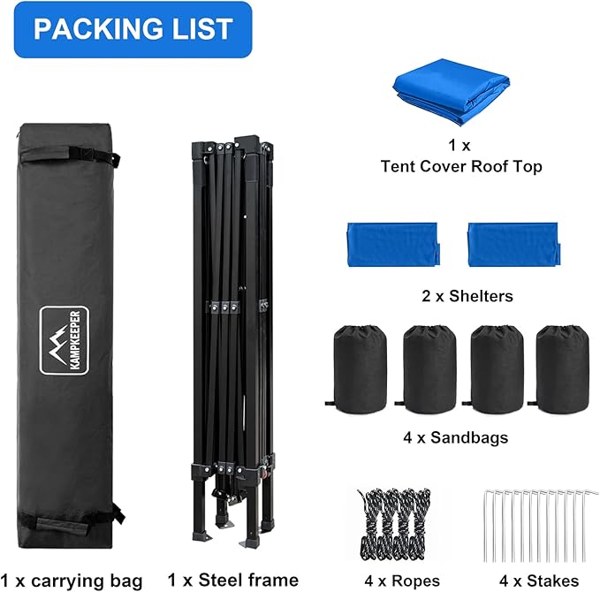 KAMPKEEPER 10x10 Pop Up Canopy Tent with 2 Sidewalls, Beach Tent - Easy Outdoor Sun Shade for Events, Parties, Camping - Gazebo with 4 Weight Bags & Carry Bag.（Blue）