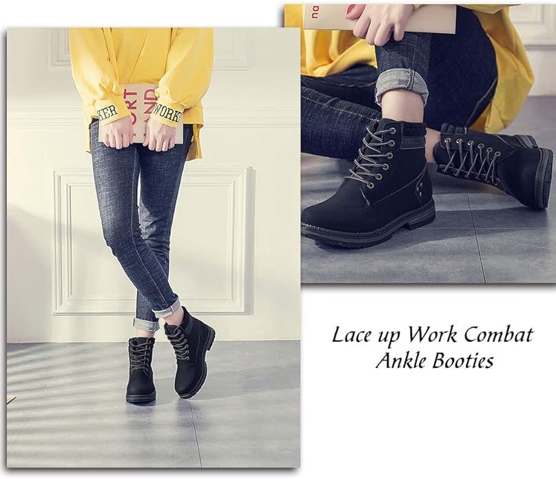 Athlefit Women's Work Waterproof Hiking Combat Boots Lace up Low Heel Booties Ankle Boots