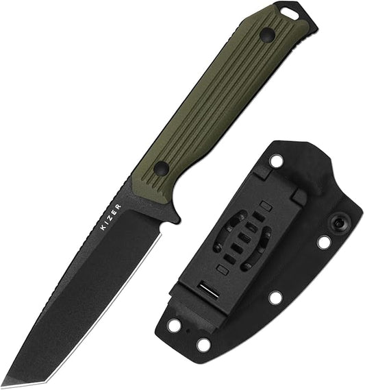 Kizer Begleiter Fix Fixed Blade Knife, 3.74" Tanto AEB-L Blade Hunting Knives with Kydex Sheath, Green G10 Handle EDC Knife for Camping Hunting Survival 1045MT2
