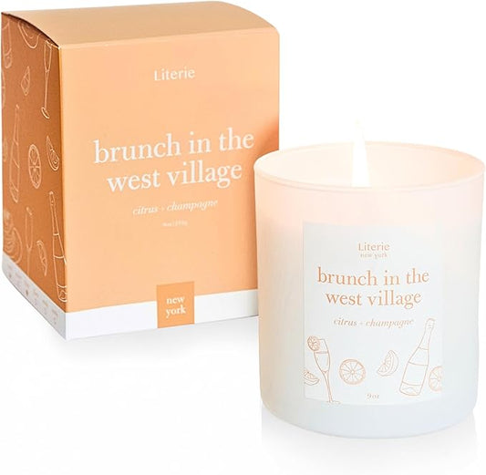 Literie NYC Inspired Scented Candle: Brunch in The West Village - Citrus & Champagne, 9oz, 50 Hour Burn, Vegan Soy & Coconut Blend Candle for Home Decor, Gift for Women & Men