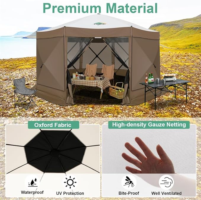 COBIZI 15x15ft Extra Large Pop-Up Gazebo Canopy Tent with Mosquito Netting, Spacious Easy Set-Up Screened Shelter, Durable Outdoor Pavilion with Ground Stakes, Perfect for Patio, Backyard, Brown
