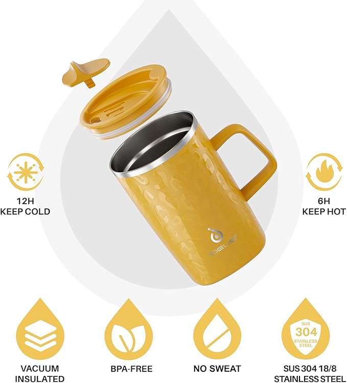Ideus Vacuum Insulated Coffee Mug, 16oz Reusable Stainless Steel Thermal Double Walled cup with Handle and Slider Lid for Hot & Cold Beverages, BPA Free (Leapord Honey)