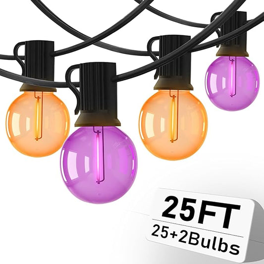 Abeja Halloween G40 LED String Light, Orange Purple Halloween Lights Outdoor with 27 LED Shatterproof Clear Lights Bulbs(2 Spare) for Patio Balcony Backyard Pergola Decor