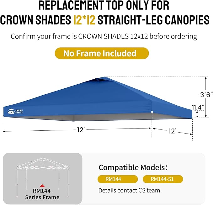 CROWN SHADES 12x12 Canopy Replacement Top - Only Compatible with Crown Shades RM144 Series, Silver Coated with Air Vent, Blue (Top Only)