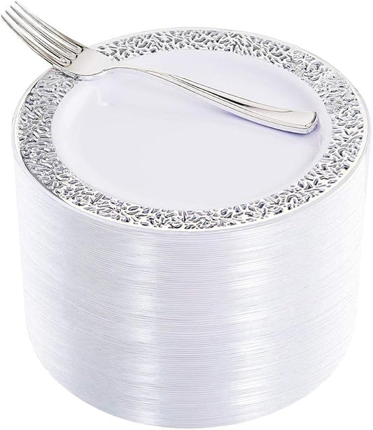WDF 100pcs Silver Plastic Dessert Plates 7.5" with 100 Pieces Disposable Forks 7.4", Silver Plates Appetizer Plates Small Plates, Fancy Salad Plates and Cake Plates for Party/Wedding