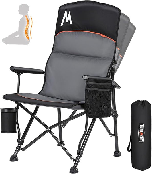 Overmont Back Support Camping Chair for Adults - Oversized with Adjustable High Backrest - Heavy Duty Folding Chair Supports 450 LBS - Cup Holder & Side Pocket – Perfect for Outdoor, Lawn, Beach Use