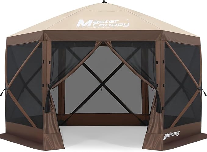 MASTERCANOPY 10x10FT Pop Up Gazebo Screen Tent - Instant Screen House with Netting, Quick Set, Outdoor Canopy Shelter with Carry Bag for Camping, Backyard & Patio (Beige&Coffee)