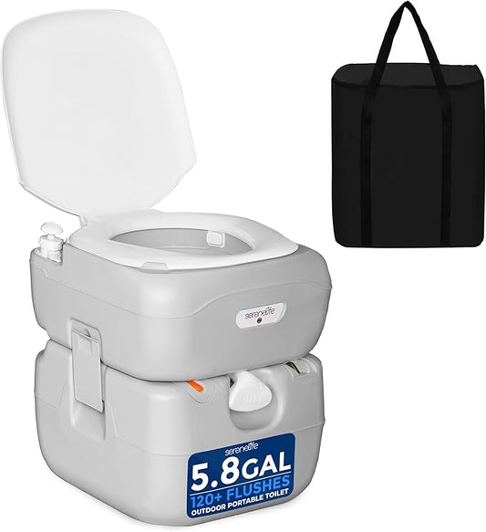 SereneLife 5.8 Gal Portable Toilet for Adults – Leak-Proof Camping Toilet with Detachable Waste Tank, Flush System, Level Indicator, Carry Bag & Hand Sprayer for RV, Tent, Hiking, Travel & Home Use