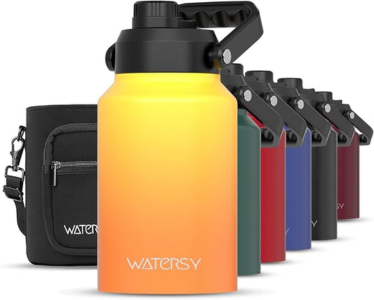 Half Gallon Water Bottle Insulated(Cold for 48 Hrs),BPA Free&Leak Proof,64oz Stainless Steel Water Jug/Flask,Big thermo,Large Water Bottle with Handle for Gym,Hiking,Camping,Gradual Yellow