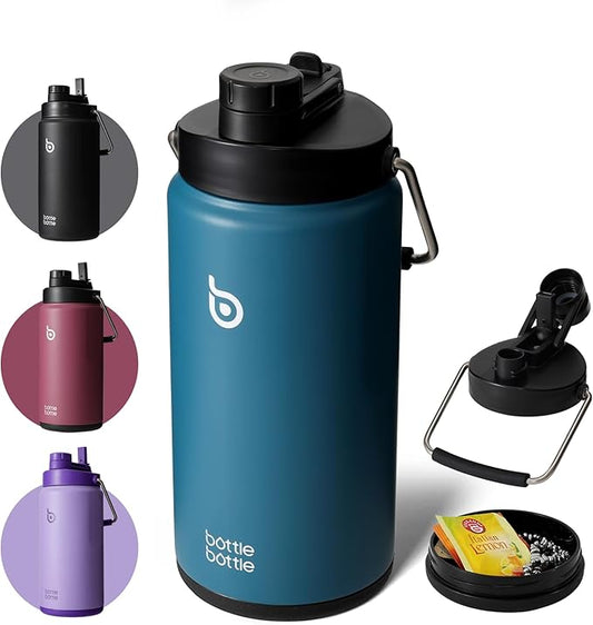 BOTTLE BOTTLE Insulated Water Bottle 64 oz with Straw and Dual-use Lid Half Gallon Water Jug Vacuum Stainless Steel for Workout and Sports Insulated Beer Growler with Handle Lake blue
