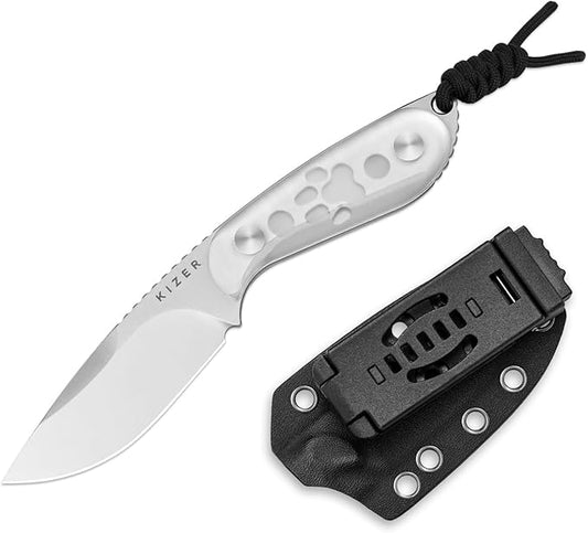 Kizer Buddy Fixed Blade Knife, 3" AEB-L Steel Camping Knife with White Acrylic Handle, Compact EDC Fixed Blade Knives with Sheath for Hiking & Camping 1081A4