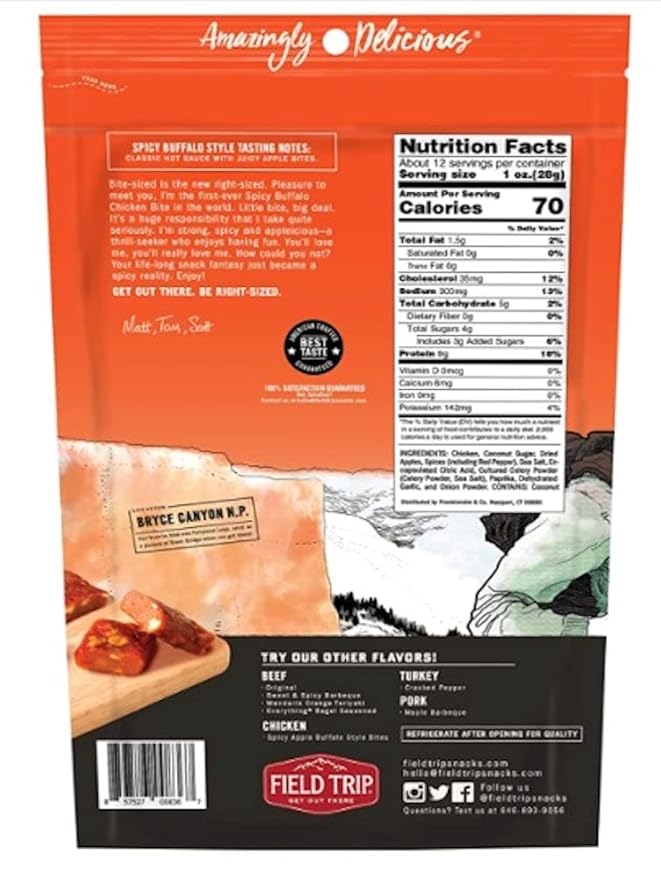 Field Trip Chicken Jerky Bites, All Natural and Gluten Free, Keto and Paleo-Friendly Healthy Snack, Low Calorie, High Protein Snacks with No Nitrates, 12oz Bag, Spicy Buffalo Style