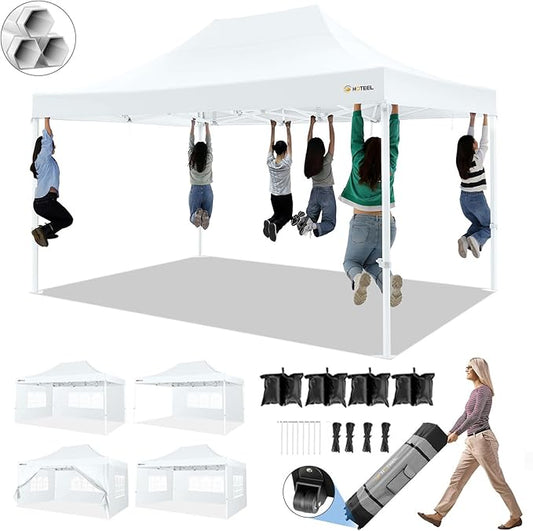 HOTEEL 10x15 Pop up Canopy Tent for Parties, Heavy Duty Easy Setup Tent with 4 Sidewalls, Outdoor Commercial Instant Gazebo for Wedding Event, with Roller Bag & Sand Bags, White(Hexagonal Frame)
