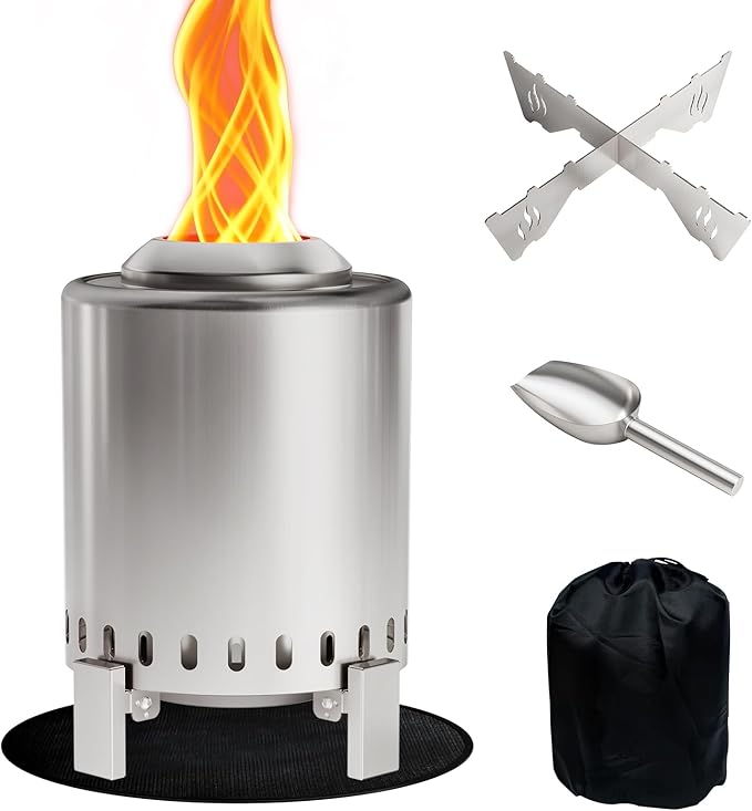 Mini Smokeless Tabletop Fire Pit with Pan Stand, Portable Stainless Steel Firepit Stove for Camping, Burns Pellets or Wood, Includes Travel Bag, Silver