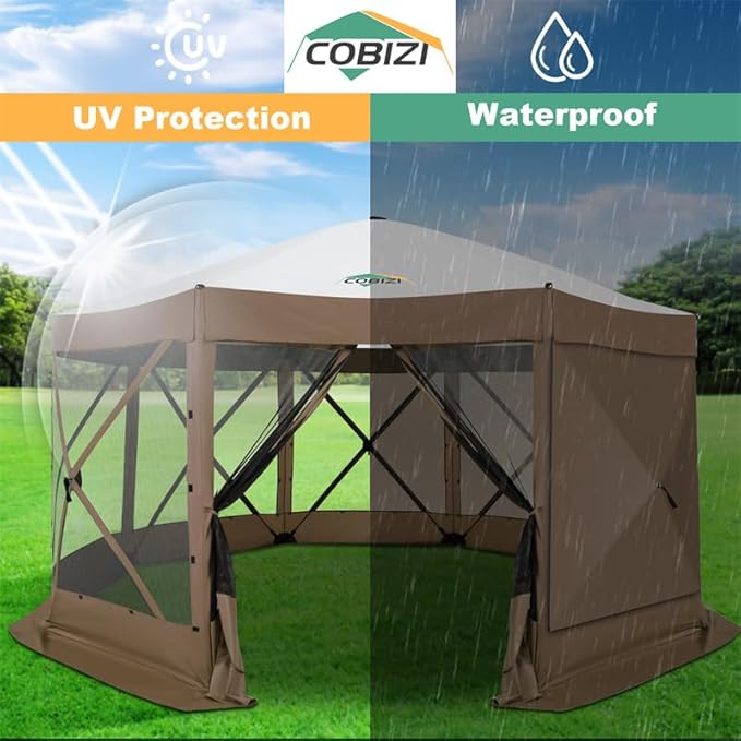 COBIZI 15x15ft Extra Large Pop-Up Gazebo Canopy Tent with Mosquito Netting, Spacious Easy Set-Up Screened Shelter, Durable Outdoor Pavilion with Ground Stakes, Perfect for Patio, Backyard, Brown