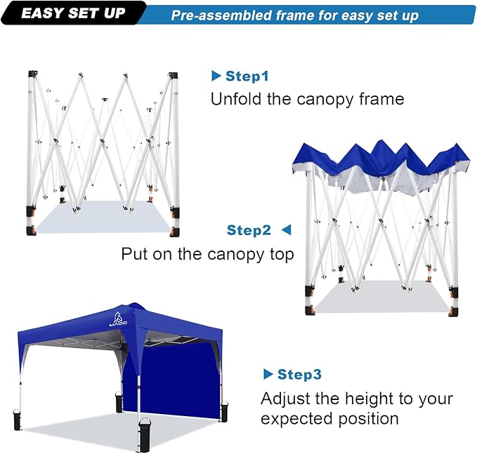 MAOO 10x10 Pop Up Canopy Tent with Sidewall - UPF 50+ Waterproof Commercial Instant Gazebo - Easy Setup for Parties, Beach, Camping - Wheel Bag, 4 Sand Bags, 8 Stakes & 4 Ropes - Blue
