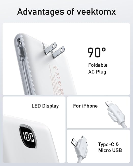 VEEKTOMX Portable Charger with Built in Cables 10000mAh, Power Bank for iPhone with Wall Plug, Travel Essential Fast Charging USB C Slim External Battery Pack for iPhone16/15/14, Samsung, iPad, etc