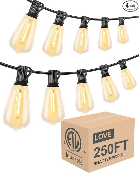 Lightdot 250FT Outdoor String Lights, LED Bistro String Lights with Shatterproof ST38 Bulbs, 2200K Dimmable, Waterproof Hanging Lights for Porch, Party, Garden, Backyard, Balcony - ETL Listed