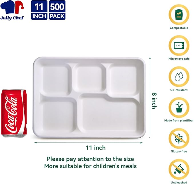 JOLLY CHEF Compostable 𝟱 Compartment Paper Plates 𝟭𝟭 * 𝟴 𝗶𝗻𝗰𝗵 [𝟱𝟬𝟬 𝗣𝗮𝗰𝗸] Heavy Duty White Divided Disposable Plate Eco-Friendly Biodegradable Container Food Trays for Party Lunch Buffet