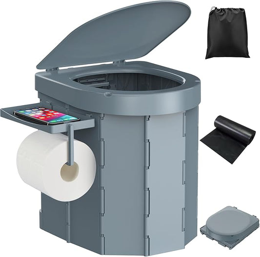 Portable Camping Toilet, Foldable Toilet for Adults with Detachable Phone Shelf and Toilet Paper Holder, Waterproof Porta Potty with Lid for Camping, Hiking, RV Travel, Road Trips