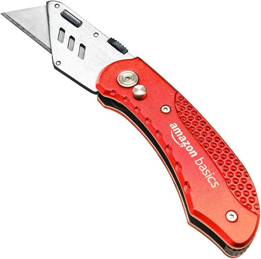 Amazon Basics Folding Utility Knife, Lightweight Aluminum Body, Red