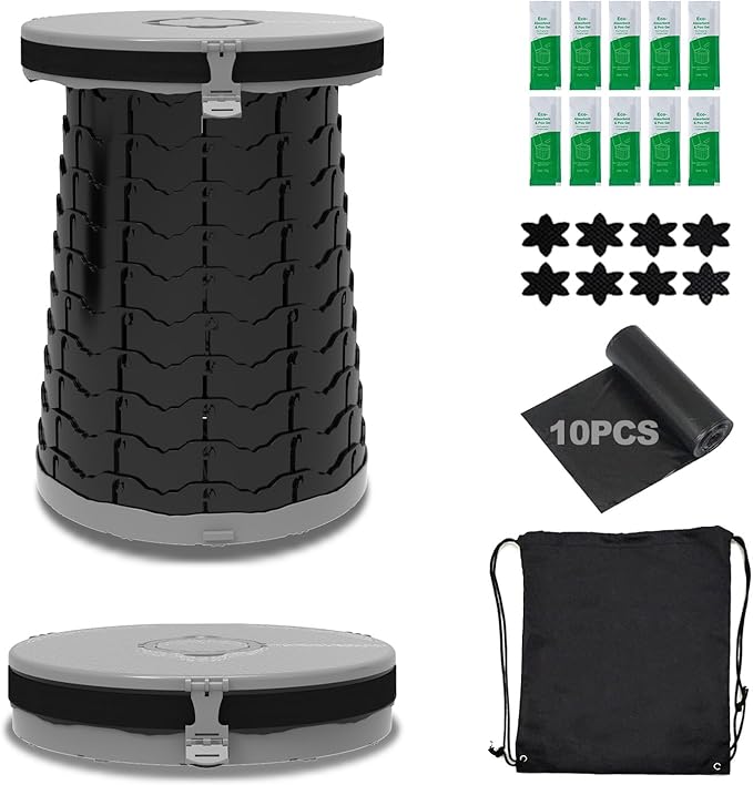 Camping Toilet Retractable Portable for Adults Kids, Adjustable Height Potty with Lid Foldable Design for Hiking, Car Travel, Truck, RV, Boating, Road Trips, Beach (Grey)