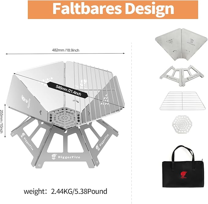 Foldable Portable Fire Pit,Stainless Steel Fire Pits with Charcoal Grill Net and Storage Bag,Camping Fire Pit Grill for Patio Outdoor Barbecue Campfire Bonfire (Large)