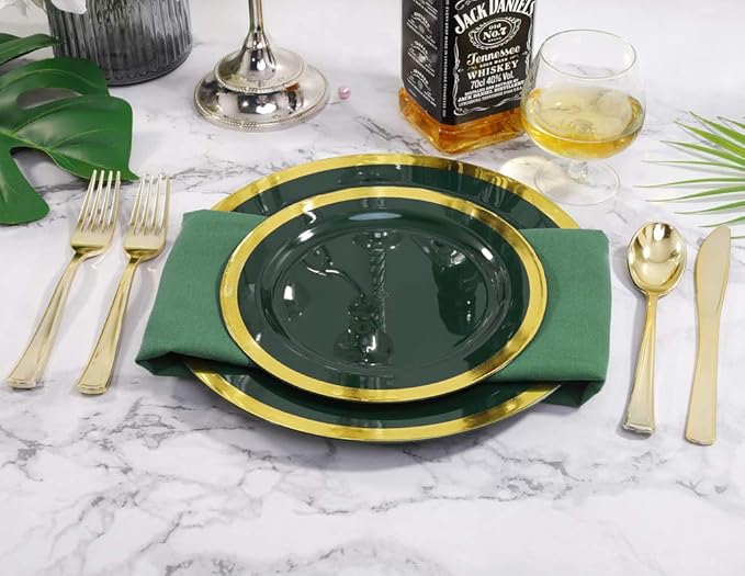 Nervure 102PCS Green Plastic Plates - Disposable Emerald Green Party Plate Include 51PCS 10.25inch Dinner Plates & 51PCS 7.5inch Dessert Plate for Wedding & Party