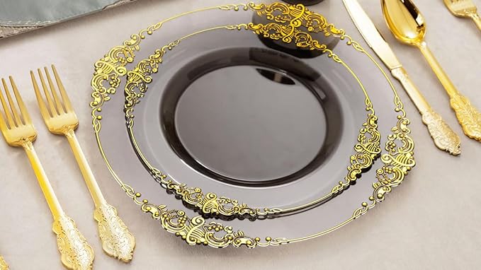 Nervure 175pcs Clear Black Plastic Plates - Gold Plastic Dinnerware Set for 25 Guests include 50 Disposable Plates,75 Gold Silverware,25 Cups,25 Napkins Perfect for Party&Independence Day