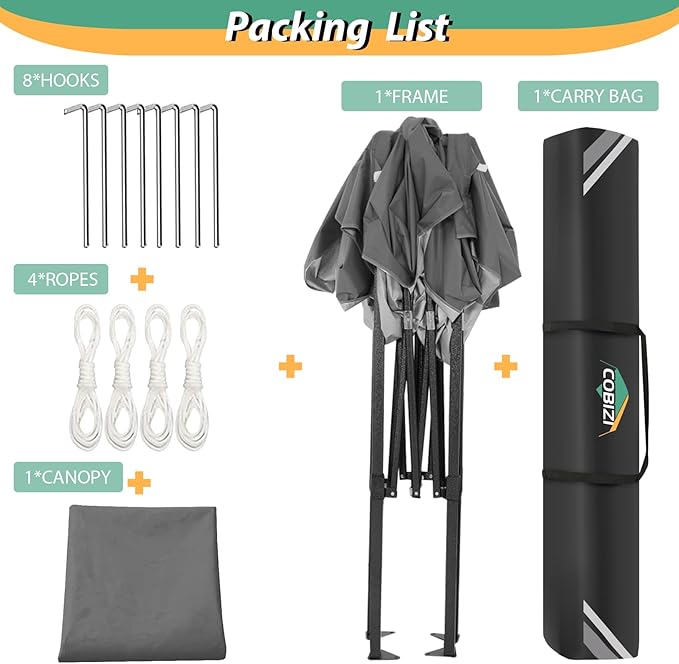 COBIZI 6.6x6.6ft Pop Up Canopy, Heavy Duty Tent Canopy Easy Set up All Weather Waterproof Outdoor Canopy Tent for Parties, Beach, Garden, Camping with 1 Handbag, 3 Adjustable Heights, UPF50+, Grey