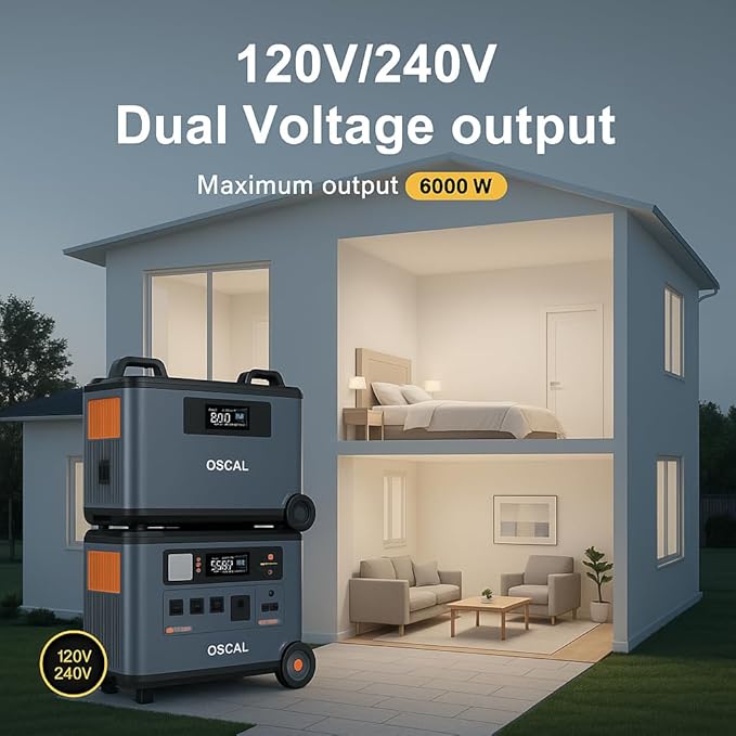 OSCAL PowerMax 6000 Solar Generator, 3600Wh/3000W Portable Power Station with 4x200W Solar Panels, 4 AC Outlets (6000W Peak), 1.2H Fast Charging, App Control for Home, Camping & RVs