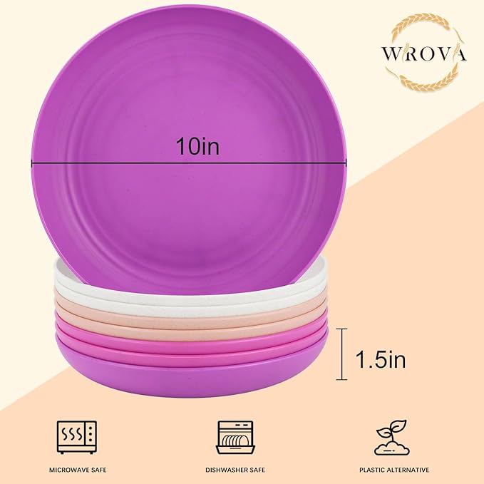 Wheat Straw Plates - Unbreakable 10 Inch Dinner Plates Set of 8 - Dishwasher & Microwave Safe, Easy to Clean for Kitchen, Camping - White, Pink, Purple