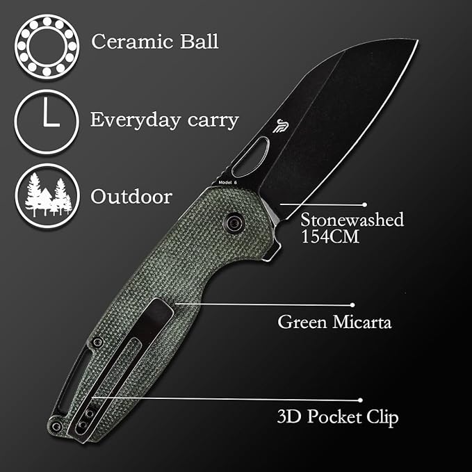 Kansept Model 6 Pocket Folding Knife EDC Camping Knife 3.1'' 154CM Material with Green Micarta Handle Everyday Carry T1022A2