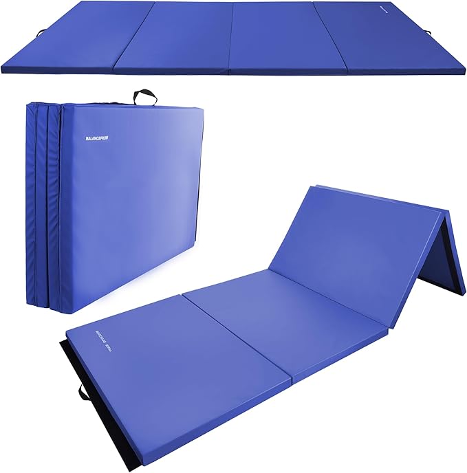 Folding Exercise Gymnastics Mat, 4'x8'x2" Gym Workout Mat with Carrying Handles 4-Fold High-Density Anti-Tear Portable Fitness Aerobics Mat for Home Gym Yoga Pilates Tumbling MMA Core Training