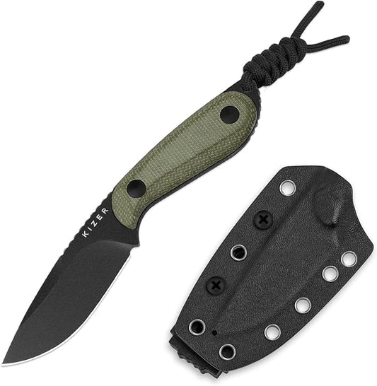 Kizer Buddy Fixed Blade Knife, 3" D2 Steel Camping Knife with Olive Green Micarta Handle, Compact EDC Fixed Blade Knives with Sheath for Hiking & Camping 1081M1