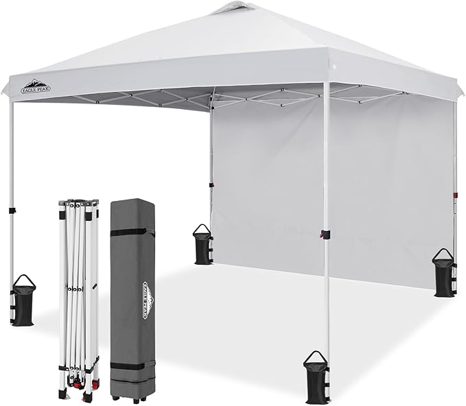 EAGLE PEAK Pop Up Canopy Tent with 1 Sidewall, Easy Setup Event Tent, Outdoor Sun Shade, Wheeled Carry Bag, Stakes and Guy Ropes, Instant Canopy 10x10, White