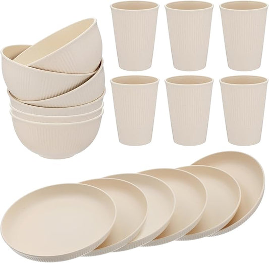 ﻿18PCS Wheat Straw Dinnerware Sets Unbreakable Dinnerwares Sets Reusable Cups Plates and Bowls Sets Microwave Dinnerware Sets for Kitchen Travel Camping ﻿