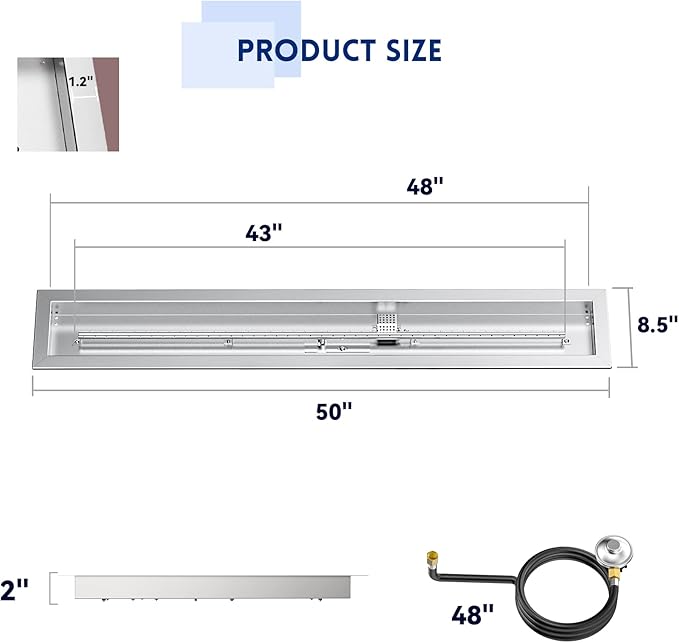 Skyflame Spark Ignition Gas Fire Pit Burner Kit, 48" Linear Stainless Steel Complete Drop-in Burner Kit with Flame Sensing, CSA Certified, Propane Regulator Connector Hose Set for Propane Tank