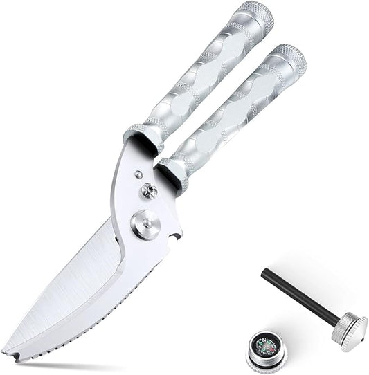 DRAGON RIOT Heavy Duty Kitchen Scissors - Sharp Scissors for Cutting Chicken, Poultry, Turkey, Meat - Stainless Food Kitchen Shears for Professionals - Spring Loaded (Silver)